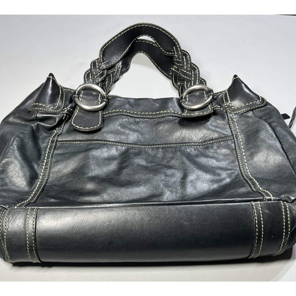 Fossil Leather Handbag Shoulder Tote Bag Black Large Braided Straps Key Charm - Picture 4 of 16